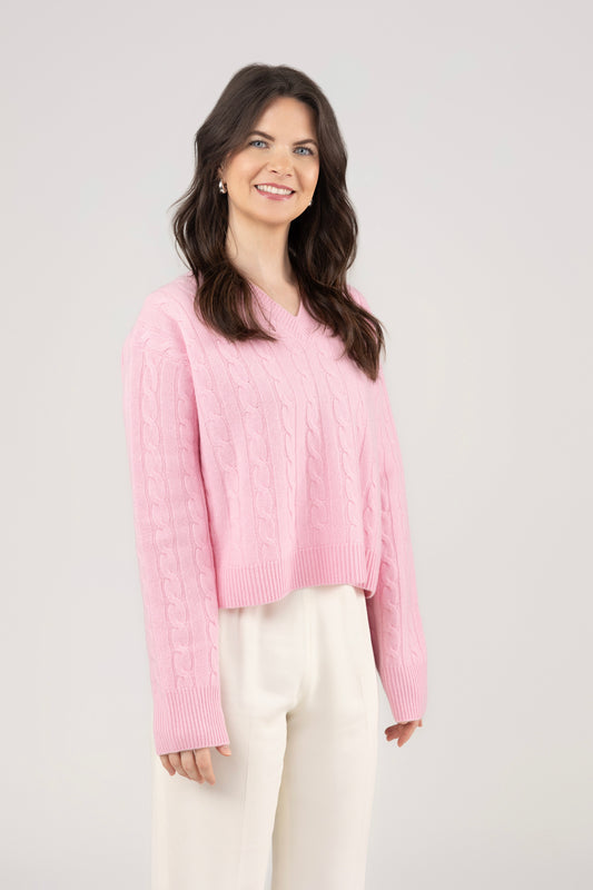 V Neck Cable Pullover : Light Pink