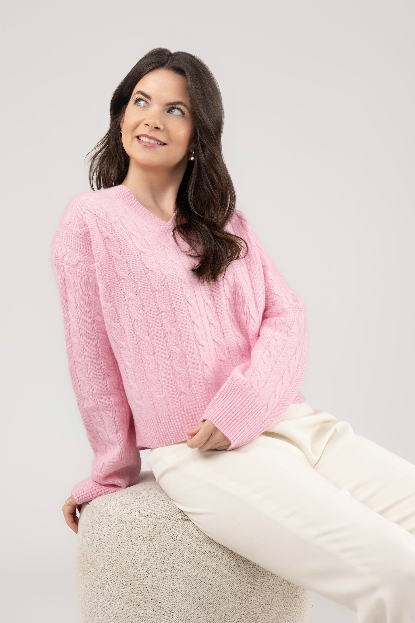 V Neck Cable Pullover : Light Pink