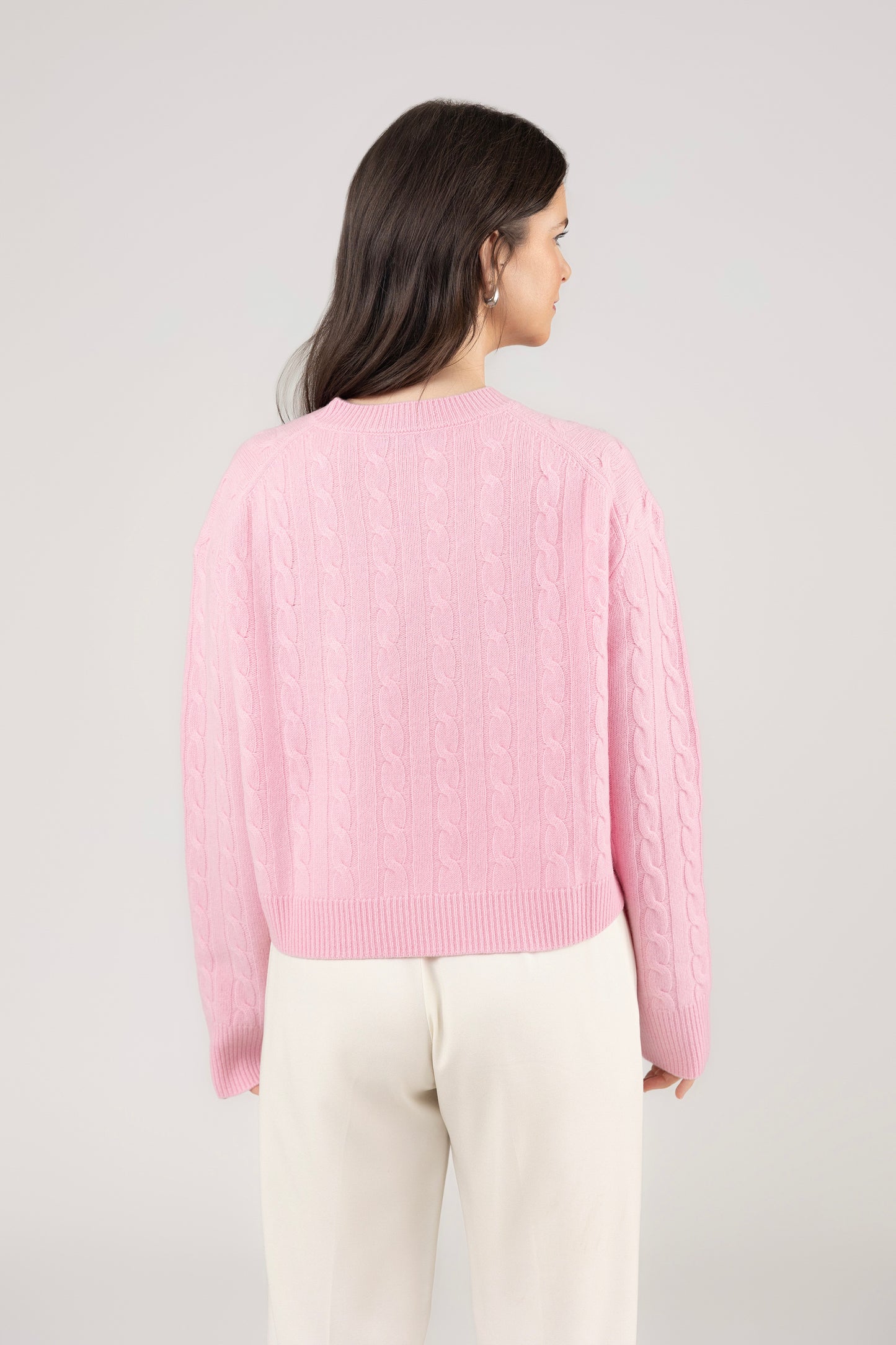 V Neck Cable Pullover : Light Pink